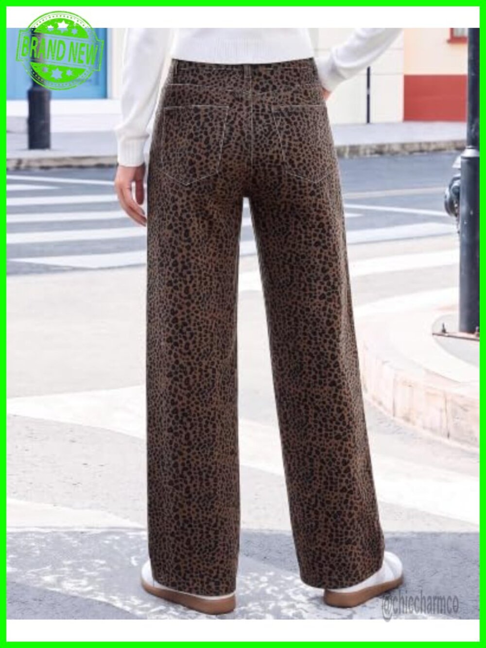 Womens Wide Leg High Waist Stretchy Leopard Print Jeans - Picture 2 of 6